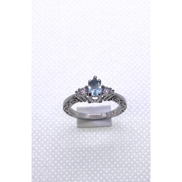 Size 6 Imitation Silver Blue Aquamarine Cubic Zirconia CZ March Birthstone Ring - Picture 5 of 9